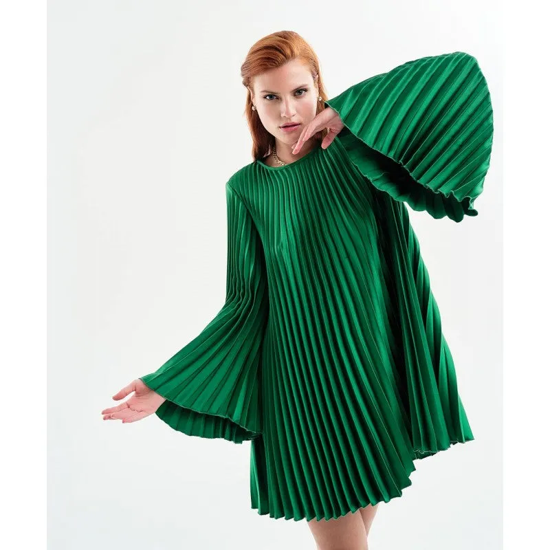Access Fashion Green Long Sleeve Pleated Mini Dress