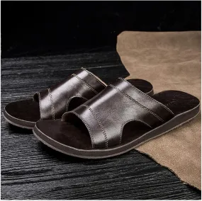 Beach Skidproof Slippers,Mens Leather Sandals, Comfortable Handmade Genuine Leather Shoes Men Casual Slip On House Shoes Indoor Closed-Toe Shoes Leather Sandals