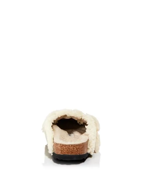 Boston Birkenstock Women's Sheepskin Teddy Clogs with Large Buckle, Ivory/Cream