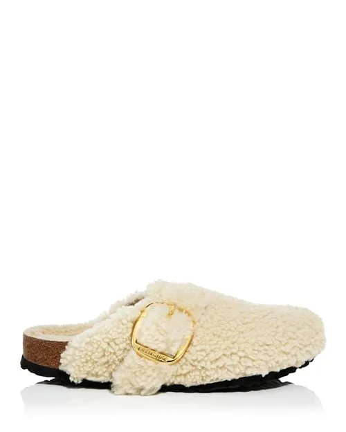Boston Birkenstock Women's Sheepskin Teddy Clogs with Large Buckle, Ivory/Cream