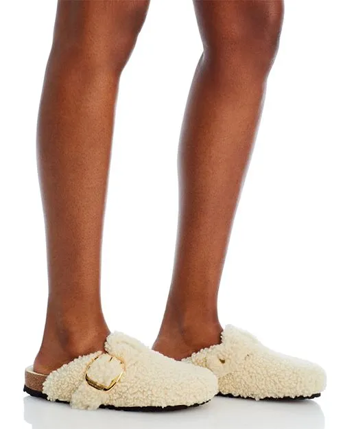 Boston Birkenstock Women's Sheepskin Teddy Clogs with Large Buckle, Ivory/Cream