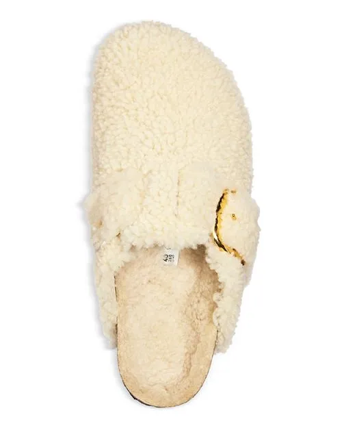 Boston Birkenstock Women's Sheepskin Teddy Clogs with Large Buckle, Ivory/Cream
