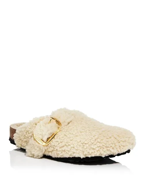 Boston Birkenstock Women's Sheepskin Teddy Clogs with Large Buckle, Ivory/Cream