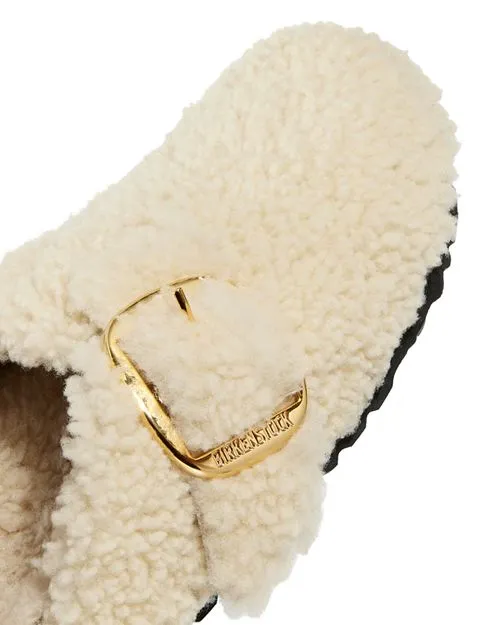 Boston Birkenstock Women's Sheepskin Teddy Clogs with Large Buckle, Ivory/Cream