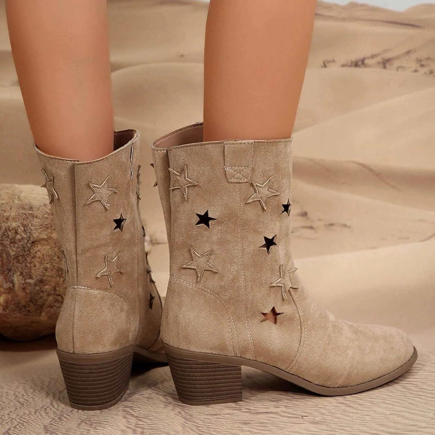 Cowboy Boots for Womens Vintage Chunky Heel Pointed Toe Hollow Breathable Ankle Booties, Wide Calf Boots for Women