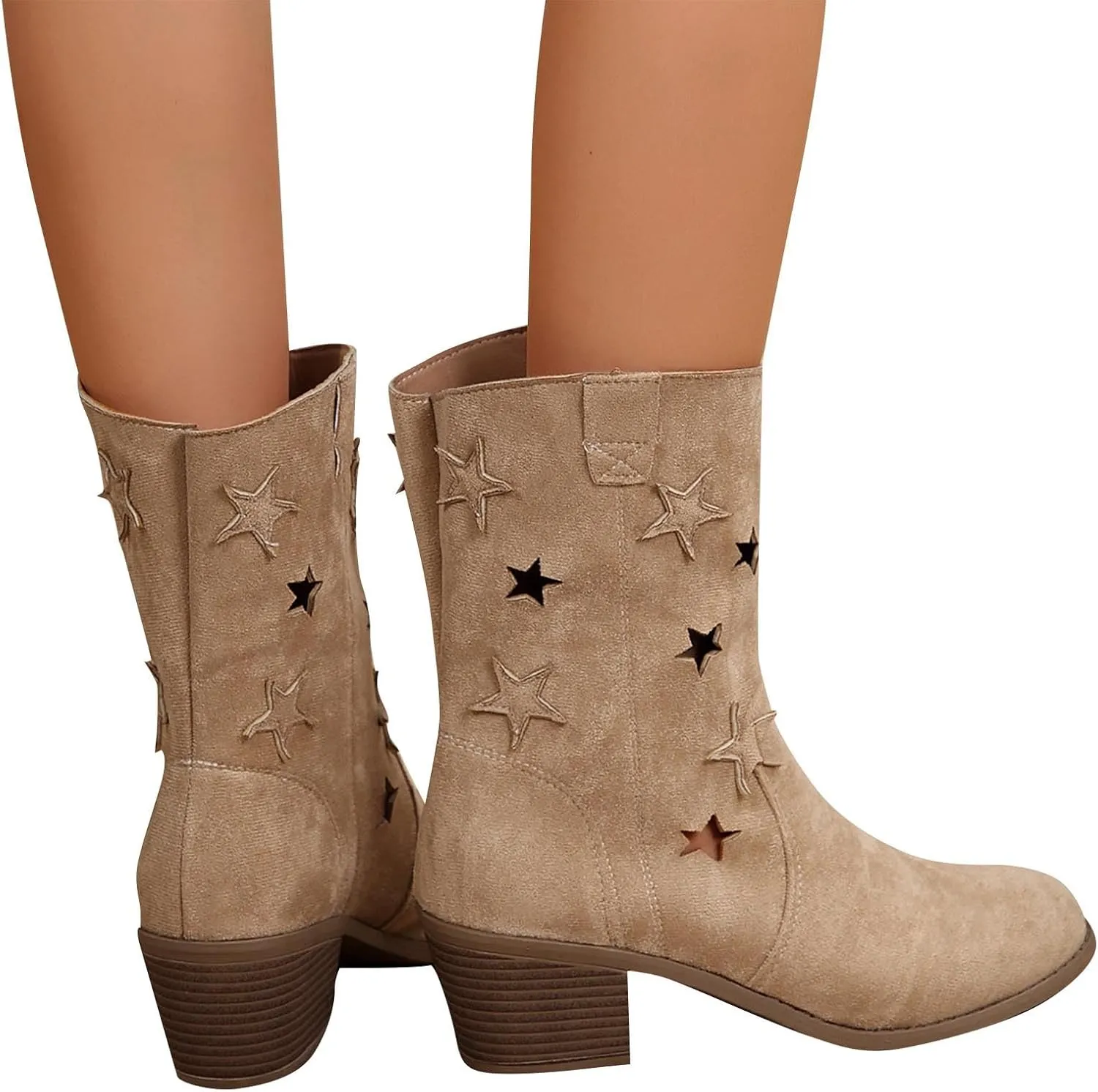 Cowboy Boots for Womens Vintage Chunky Heel Pointed Toe Hollow Breathable Ankle Booties, Wide Calf Boots for Women