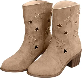 Cowboy Boots for Womens Vintage Chunky Heel Pointed Toe Hollow Breathable Ankle Booties, Wide Calf Boots for Women