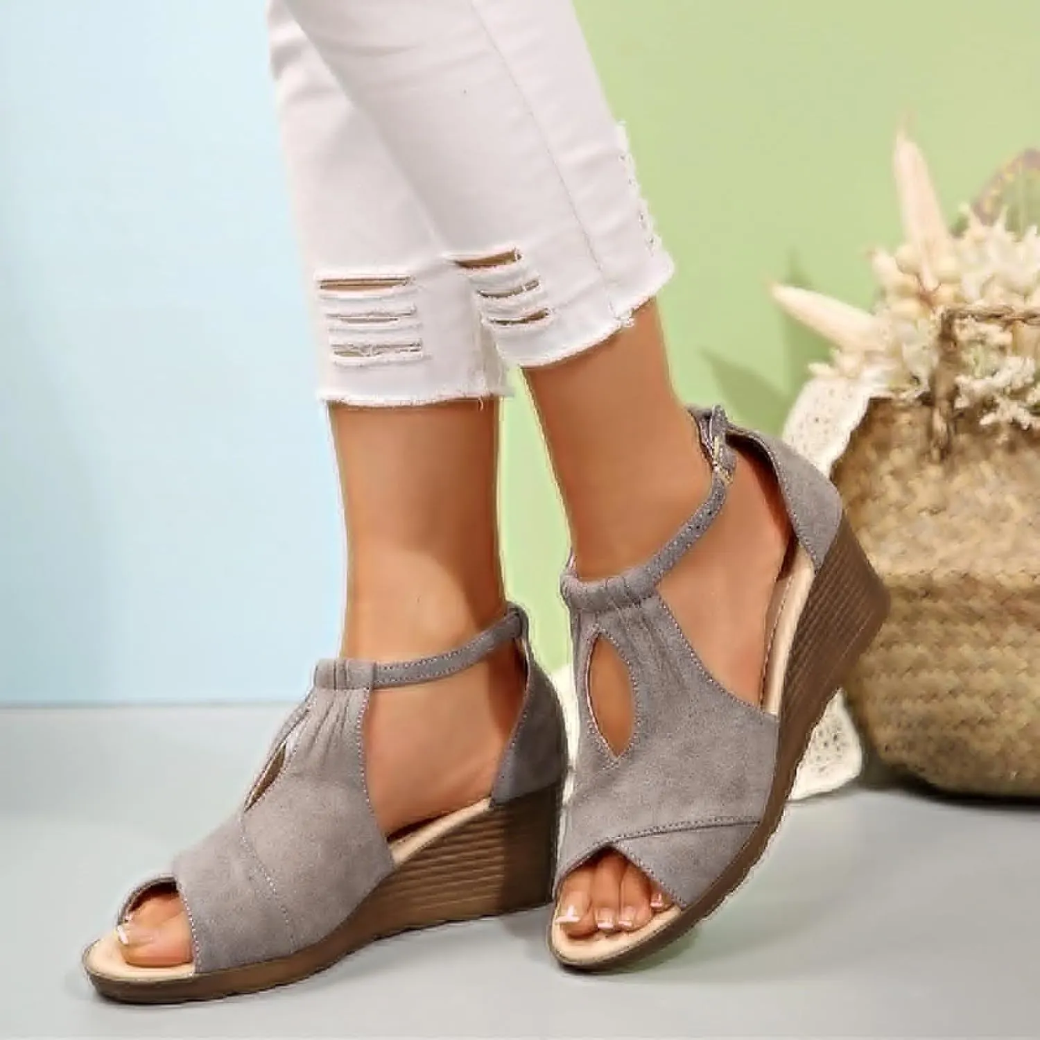 Damping Sole Upgradation Stretch Lightweight Sandals Platform Sandals Wedges Low Heel Rubber Arch Support Cushion Dressy Orthopedic Slip on Summer Breathable Orthotic Wedge Sandal