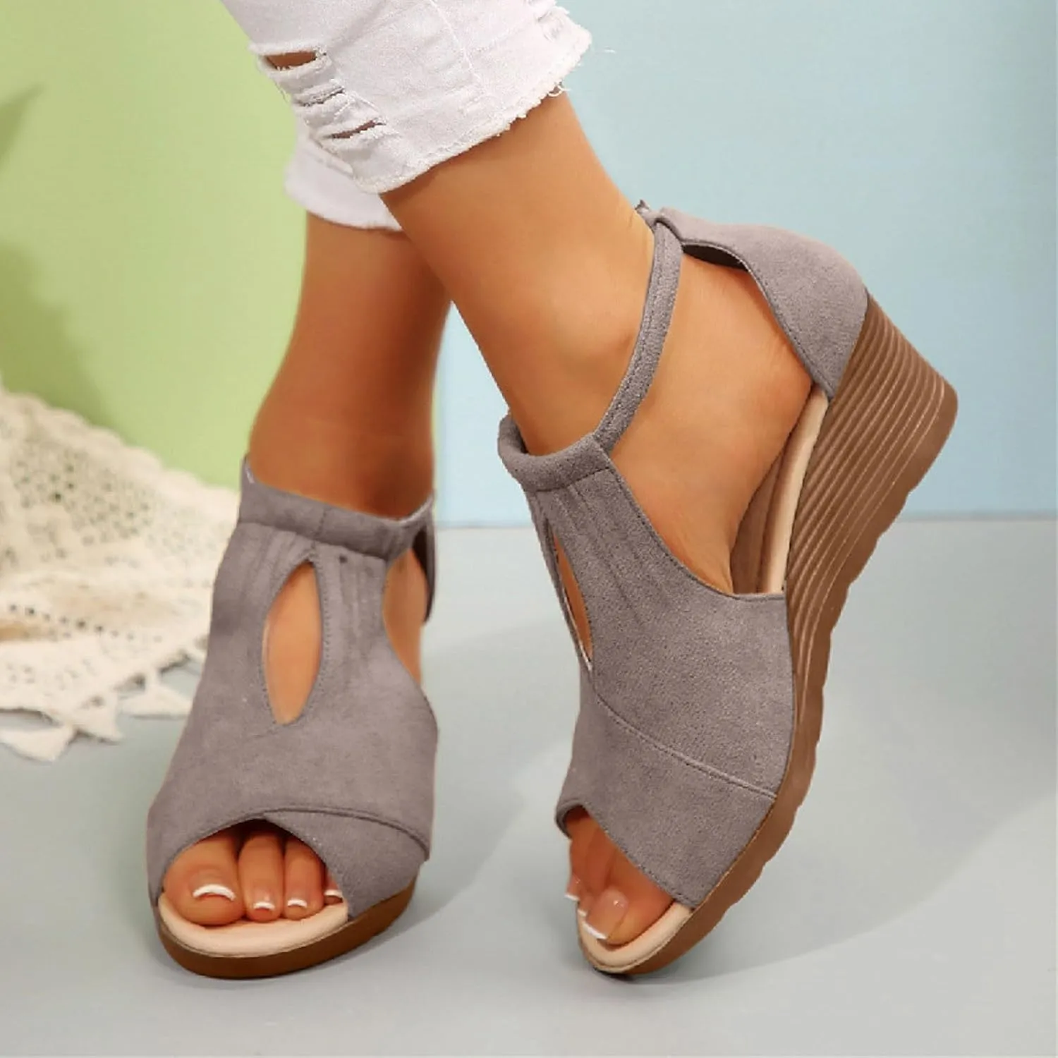 Damping Sole Upgradation Stretch Lightweight Sandals Platform Sandals Wedges Low Heel Rubber Arch Support Cushion Dressy Orthopedic Slip on Summer Breathable Orthotic Wedge Sandal