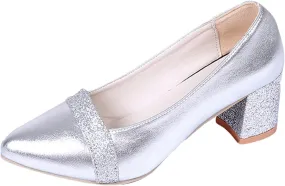 Fashion Autumn Women Casual Shoes Thick Heel Medium Heel Pointed Toe Colorblock Sequins Wide Womens Casual Shoes (7.5) Silver
