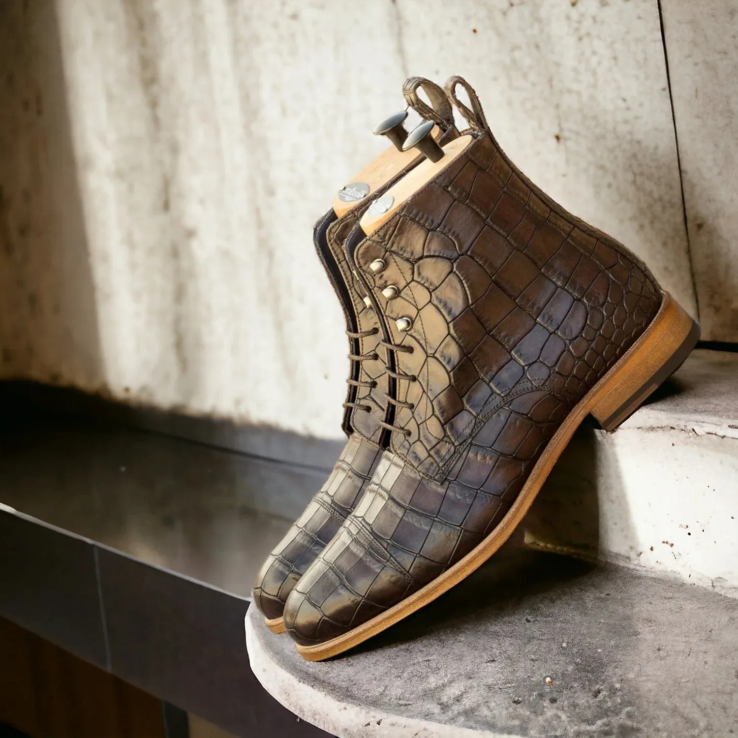 Handmade Custom Dark Brown Crocodile Print leather Jumper Boots For Men