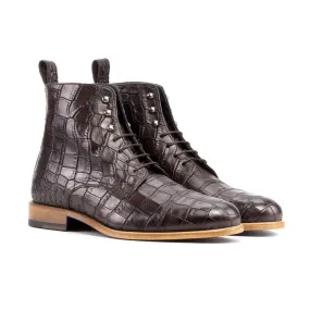 Handmade Custom Dark Brown Crocodile Print leather Jumper Boots For Men