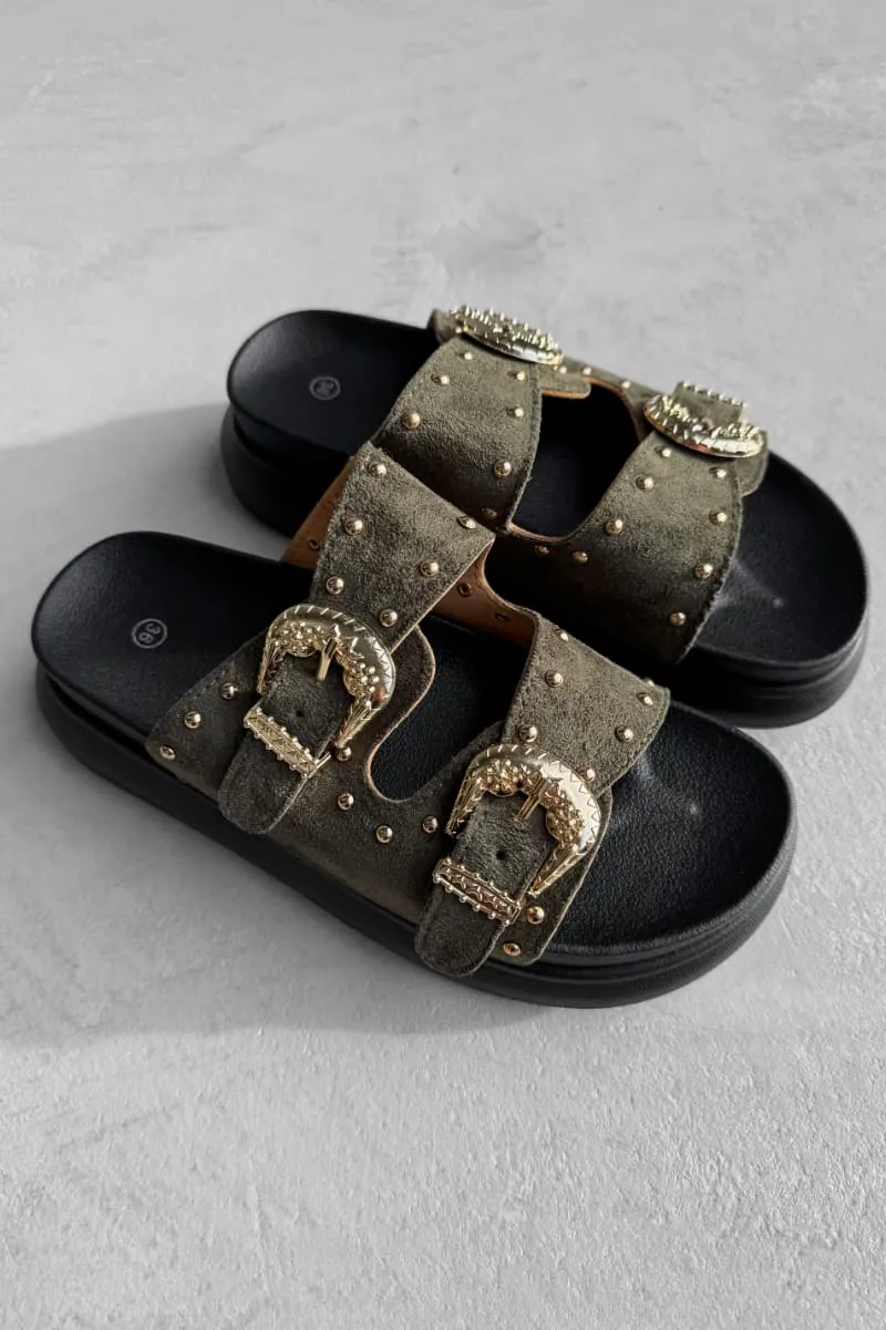 HAZEL Chunky Studded Buckle Sandals - Khaki
