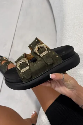 HAZEL Chunky Studded Buckle Sandals - Khaki