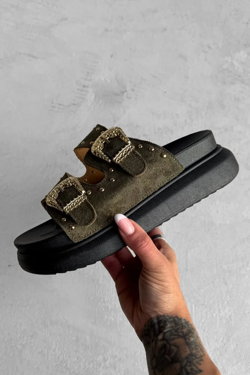 HAZEL Chunky Studded Buckle Sandals - Khaki