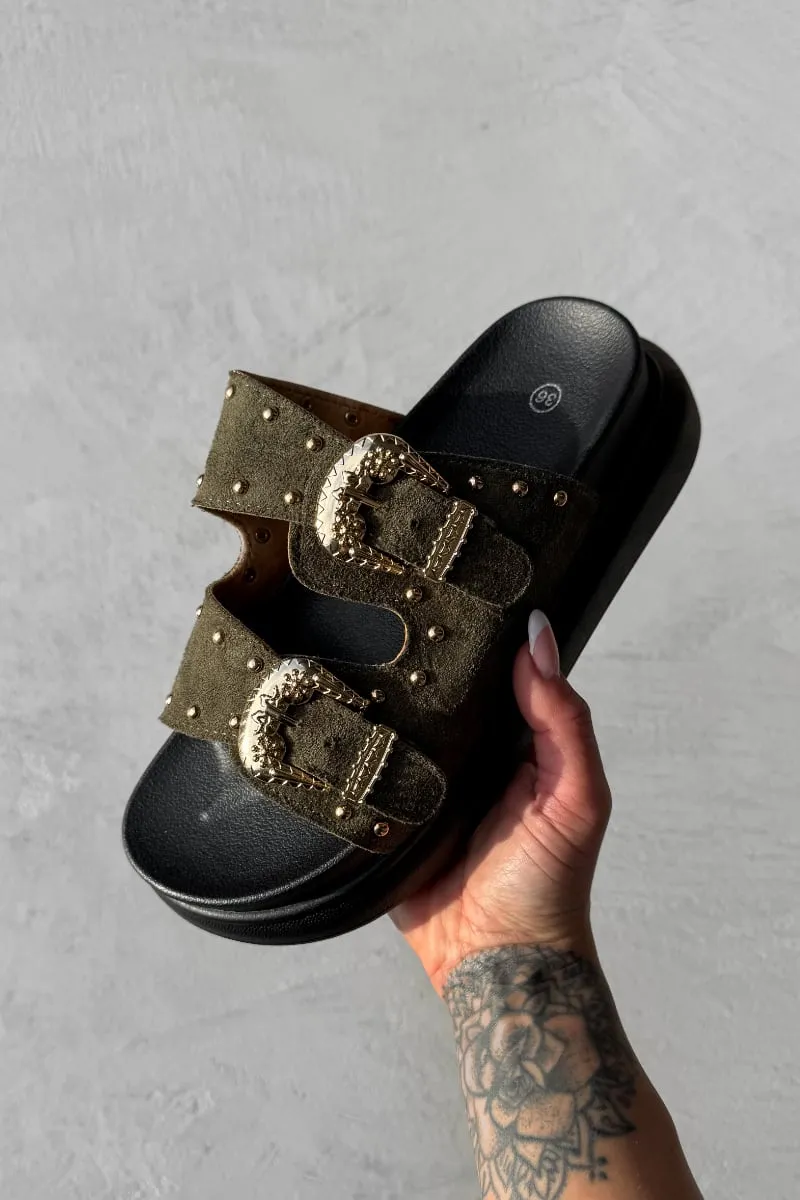 HAZEL Chunky Studded Buckle Sandals - Khaki
