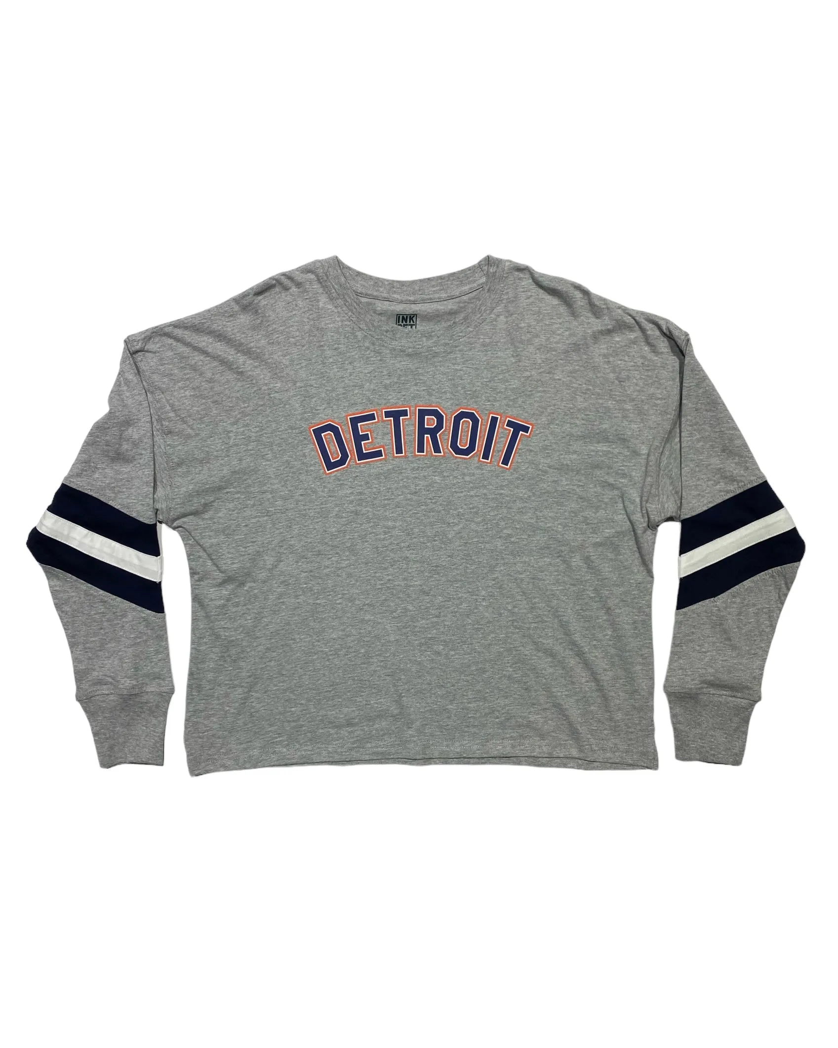 Ink Detroit - Orange & Navy Print Ladies Boxy Varsity Long sleeve