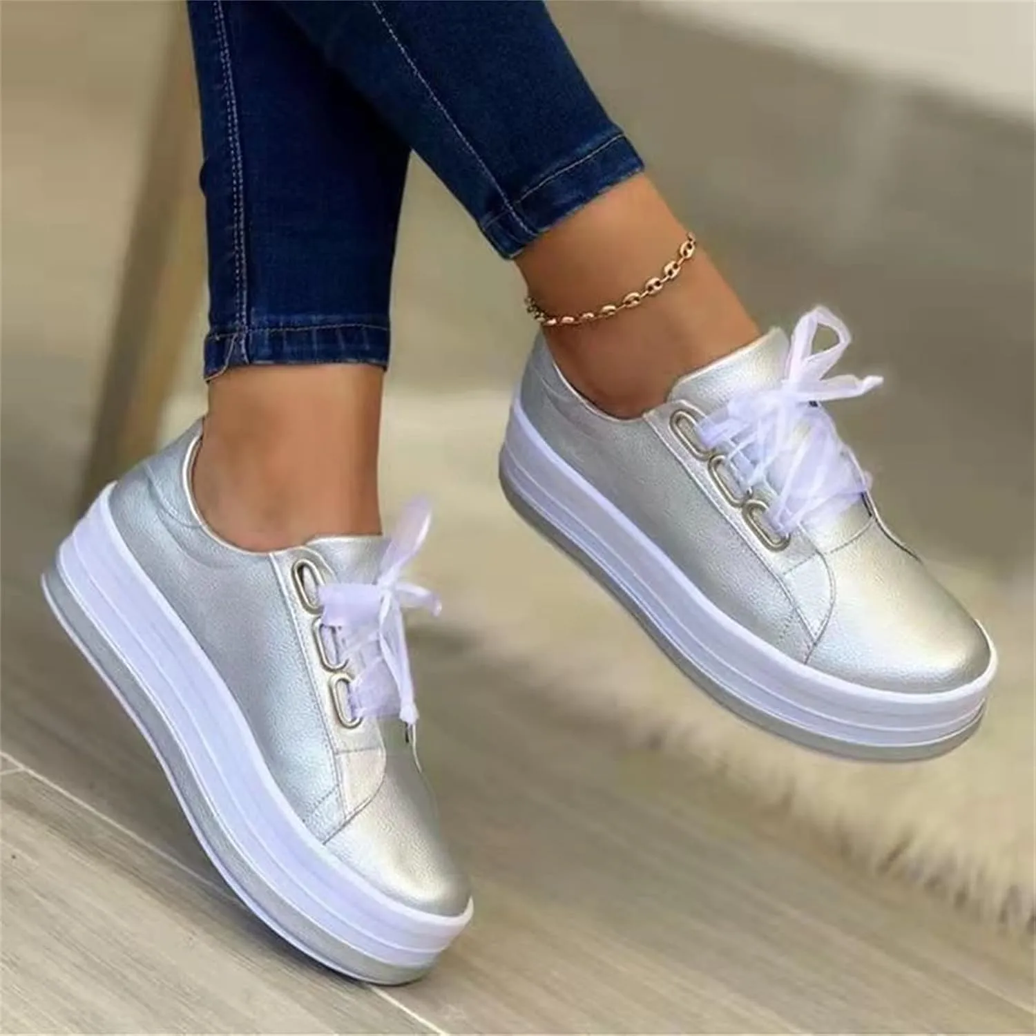 Lausiuoe Shoes For Women Dressy Casual Platform Leather Sneakers Fashion Round Toe Lightweight Classic Comfort Slip On Loafer