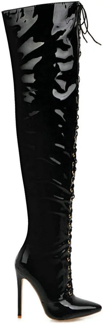 MAVMAX Women's Lace up Patent Leather Over The Knee Stilettos Boots Pointed Toe Thigh High Leather Boots