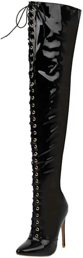 MAVMAX Women's Lace up Patent Leather Over The Knee Stilettos Boots Pointed Toe Thigh High Leather Boots