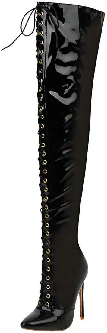 MAVMAX Women's Lace up Patent Leather Over The Knee Stilettos Boots Pointed Toe Thigh High Leather Boots