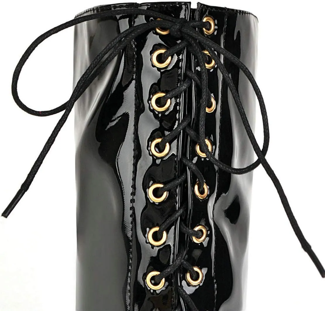 MAVMAX Women's Lace up Patent Leather Over The Knee Stilettos Boots Pointed Toe Thigh High Leather Boots