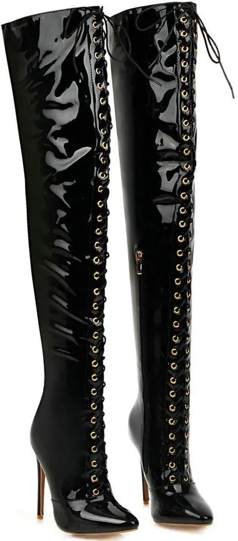 MAVMAX Women's Lace up Patent Leather Over The Knee Stilettos Boots Pointed Toe Thigh High Leather Boots