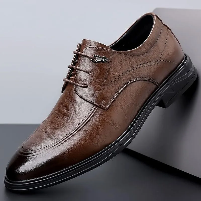 Mens Leather Derby Shoes Genuine Leather British Style Business Formal Wedding Shoes Lace Up Office Shoes(Brown,9)