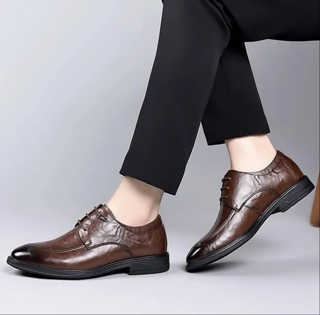 Mens Leather Derby Shoes Genuine Leather British Style Business Formal Wedding Shoes Lace Up Office Shoes(Brown,9)