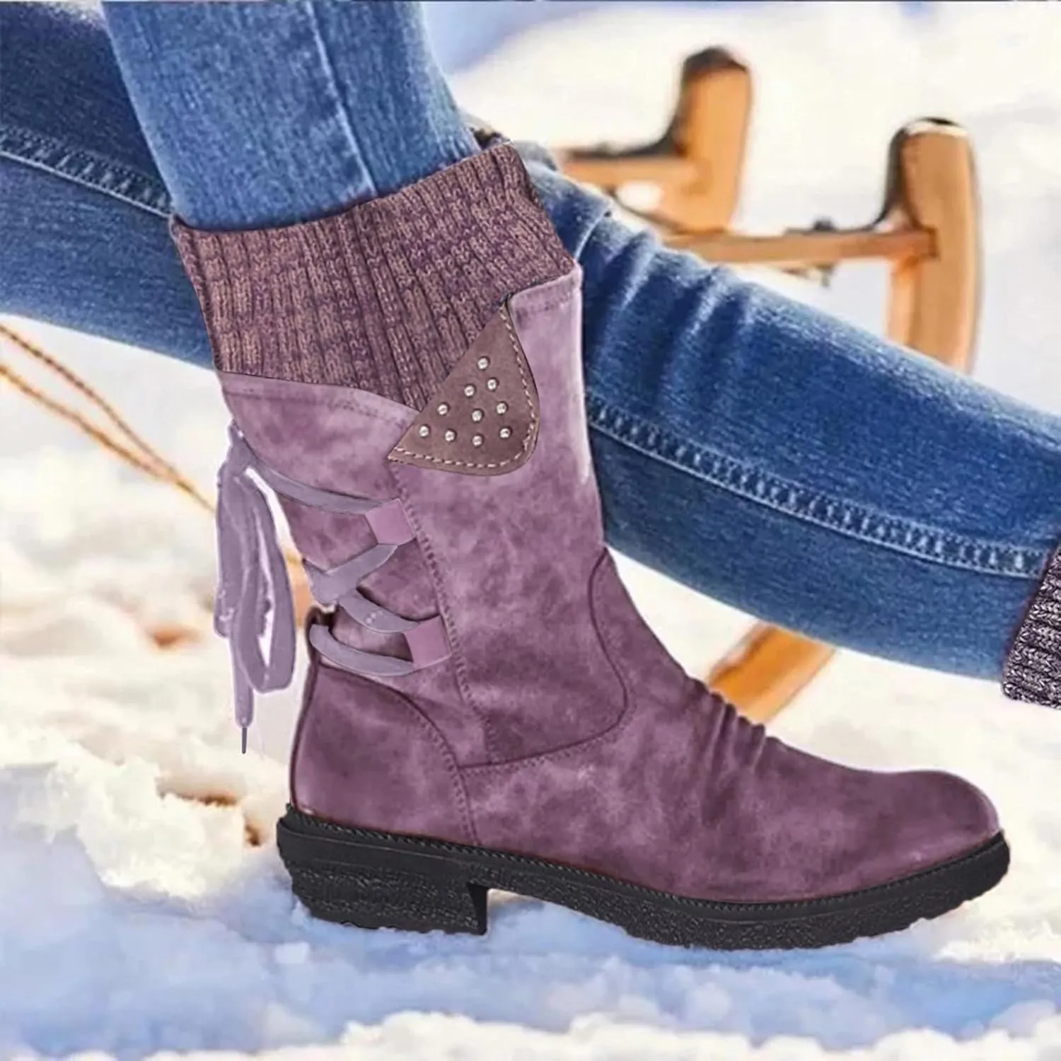 Mid Calf Boots Winter Boots for Women Snow Boots for Women Retro Style Lace-Up Chunky Heel Mid-Calf Boots Snow Boots