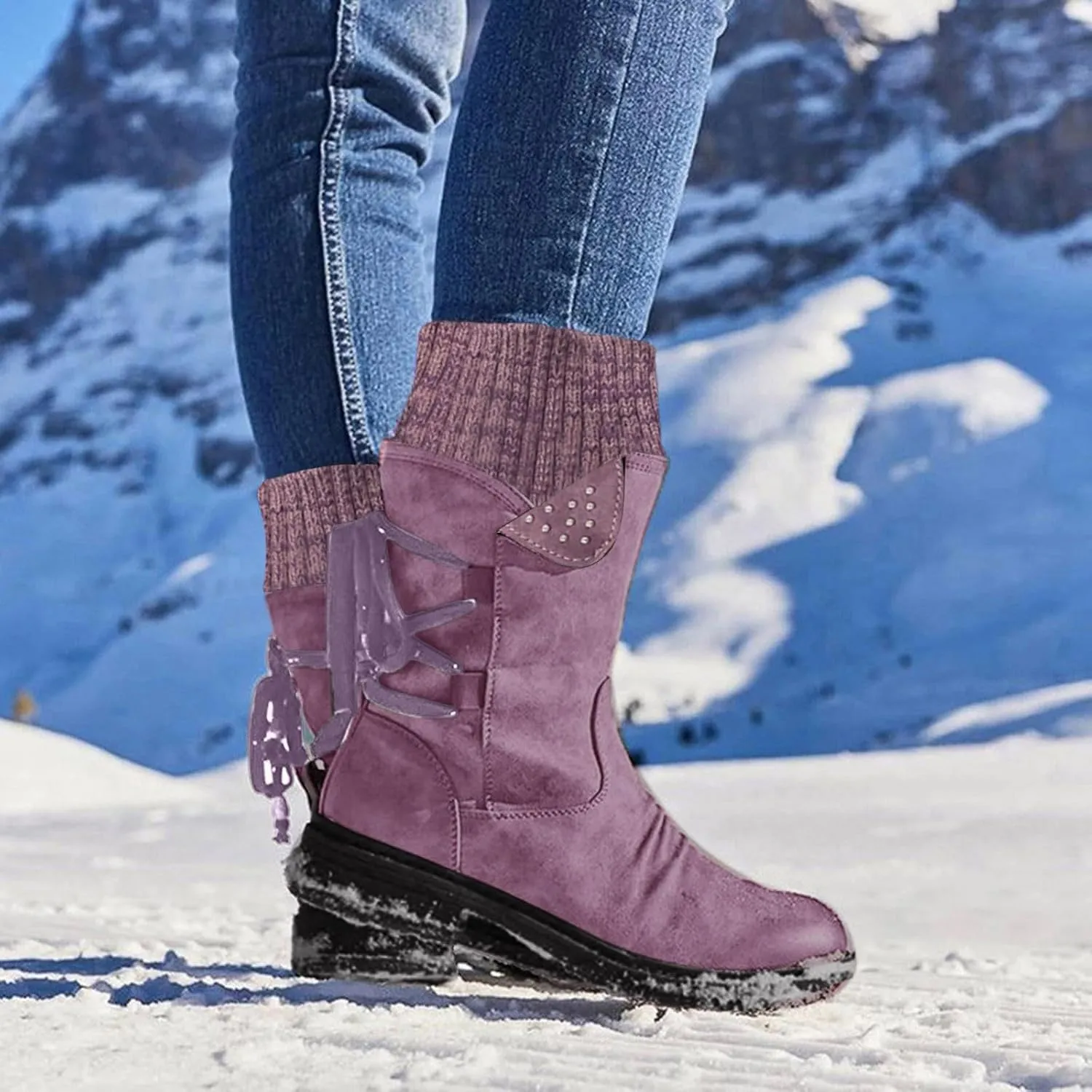 Mid Calf Boots Winter Boots for Women Snow Boots for Women Retro Style Lace-Up Chunky Heel Mid-Calf Boots Snow Boots