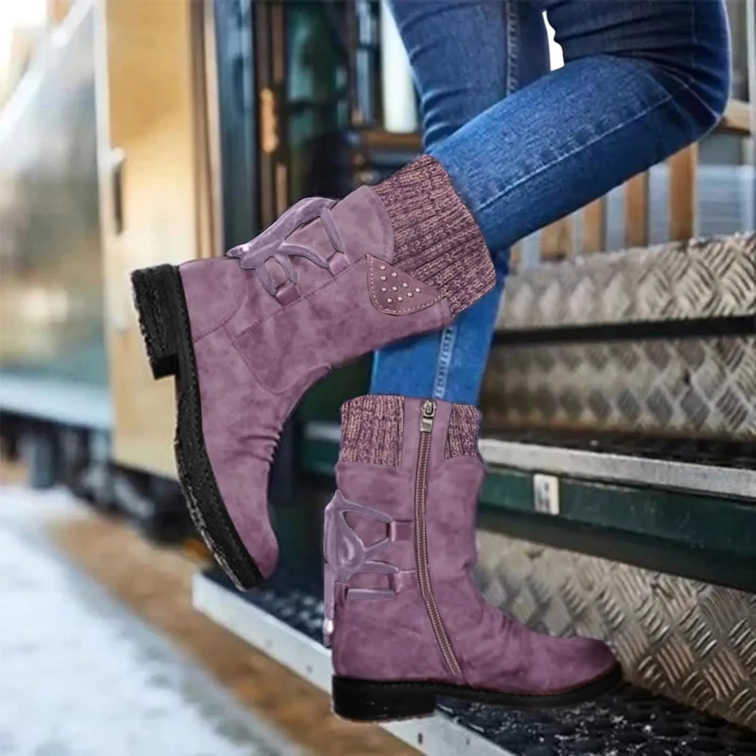 Mid Calf Boots Winter Boots for Women Snow Boots for Women Retro Style Lace-Up Chunky Heel Mid-Calf Boots Snow Boots