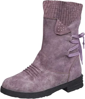Mid Calf Boots Winter Boots for Women Snow Boots for Women Retro Style Lace-Up Chunky Heel Mid-Calf Boots Snow Boots