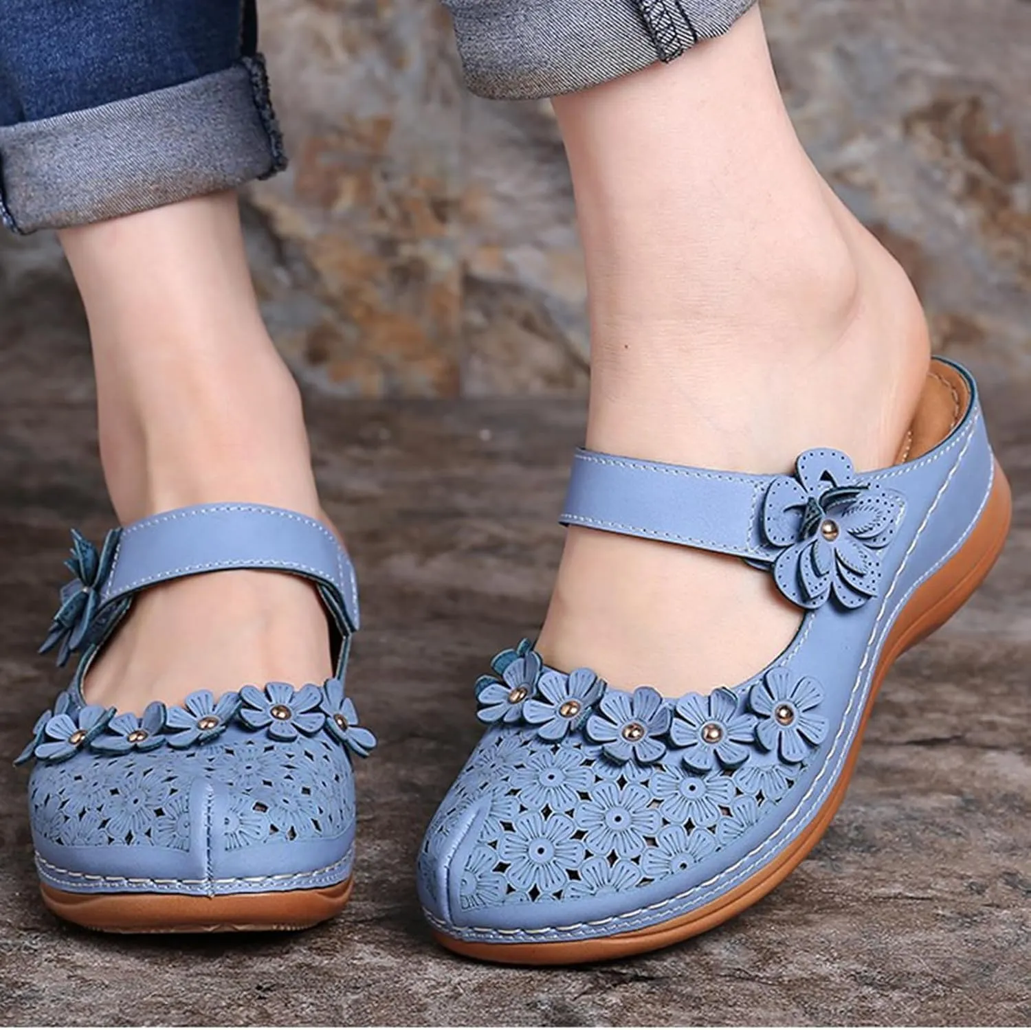 Mules for Women Wedge Sandals Comfortable Dressy Summer Closed Toe Casual Slip On Shoes with Adjustable Hook Loop Heel Sandal Mule Clogs Low Orthopedic Round Head Anti-Slip Soft Bottom Footwear