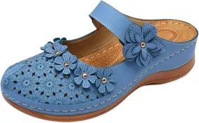 Mules for Women Wedge Sandals Comfortable Dressy Summer Closed Toe Casual Slip On Shoes with Adjustable Hook Loop Heel Sandal Mule Clogs Low Orthopedic Round Head Anti-Slip Soft Bottom Footwear