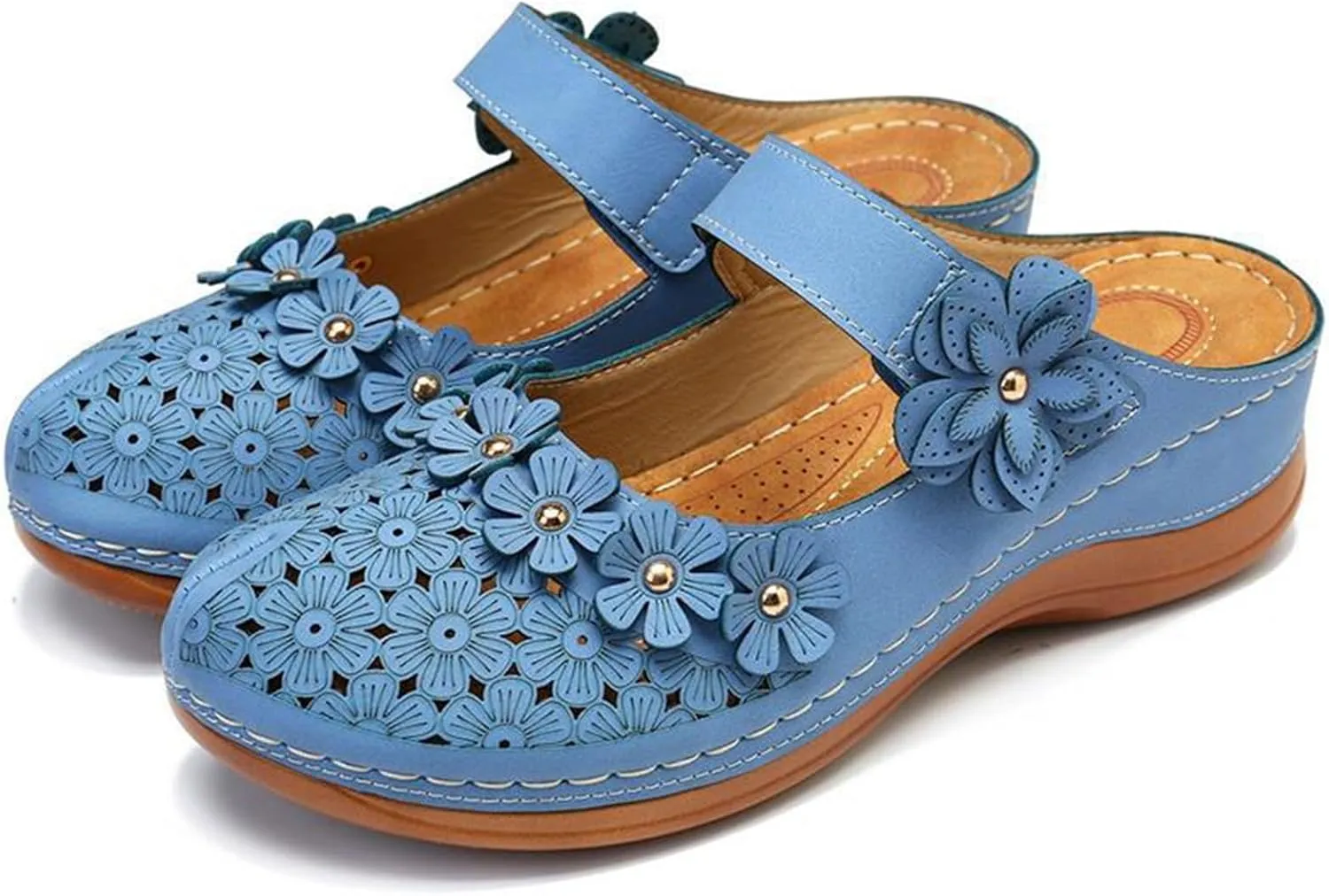 Mules for Women Wedge Sandals Comfortable Dressy Summer Closed Toe Casual Slip On Shoes with Adjustable Hook Loop Heel Sandal Mule Clogs Low Orthopedic Round Head Anti-Slip Soft Bottom Footwear