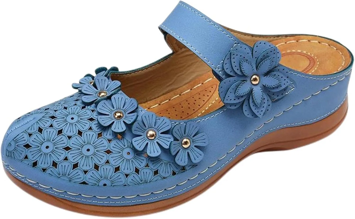 Mules for Women Wedge Sandals Comfortable Dressy Summer Closed Toe Casual Slip On Shoes with Adjustable Hook Loop Heel Sandal Mule Clogs Low Orthopedic Round Head Anti-Slip Soft Bottom Footwear
