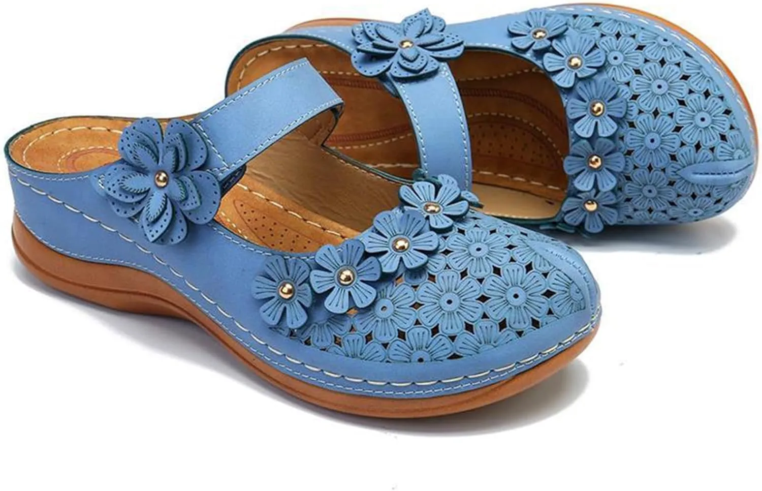 Mules for Women Wedge Sandals Comfortable Dressy Summer Closed Toe Casual Slip On Shoes with Adjustable Hook Loop Heel Sandal Mule Clogs Low Orthopedic Round Head Anti-Slip Soft Bottom Footwear