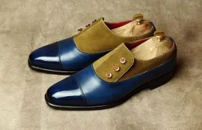 New Handmade Men's Blue Green Cap Toe Leather Suede Button Top Shoes, Men Designer Dress Shoes