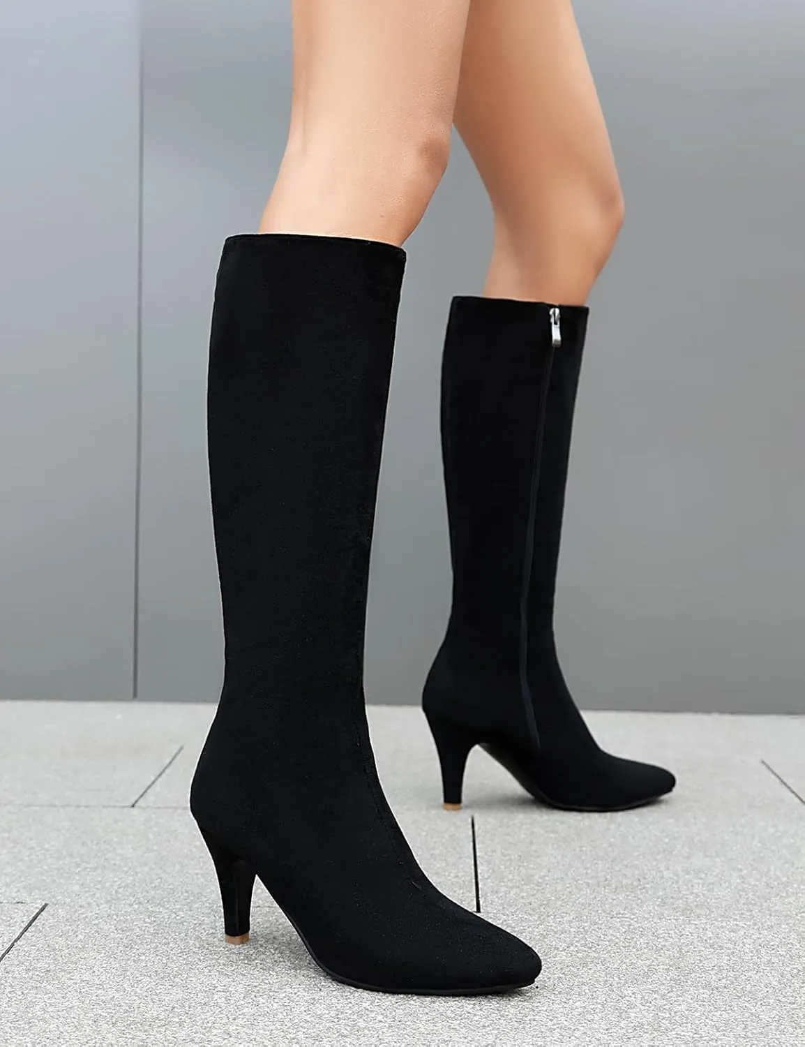 Roimaash Women Elegant Dress Boots Knee High Zipper Thin High Heels