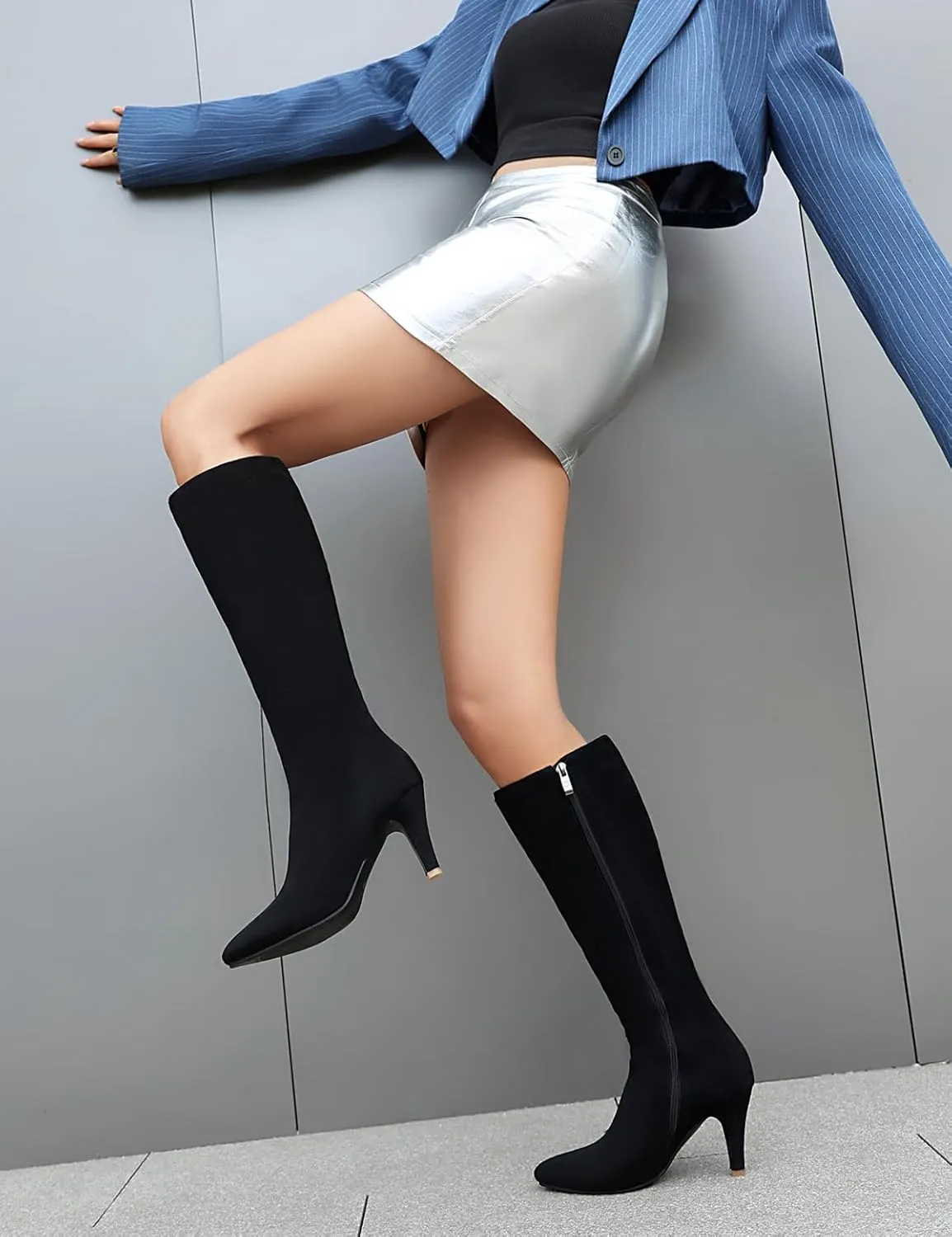 Roimaash Women Elegant Dress Boots Knee High Zipper Thin High Heels