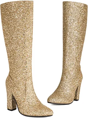 Sequined Zipper Knee-High Boots, Thick High Heels Arrow Rubber Sole Stitching High Heels Rhinestones Catwalk Fashion Show Dance Daily