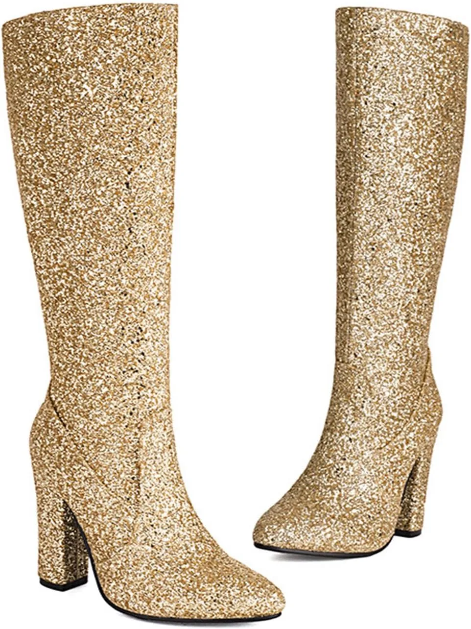 Sequined Zipper Knee-High Boots, Thick High Heels Arrow Rubber Sole Stitching High Heels Rhinestones Catwalk Fashion Show Dance Daily
