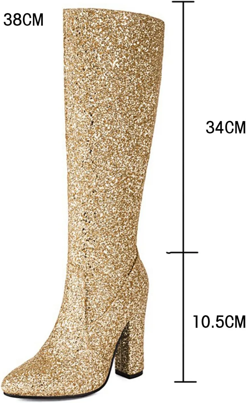 Sequined Zipper Knee-High Boots, Thick High Heels Arrow Rubber Sole Stitching High Heels Rhinestones Catwalk Fashion Show Dance Daily