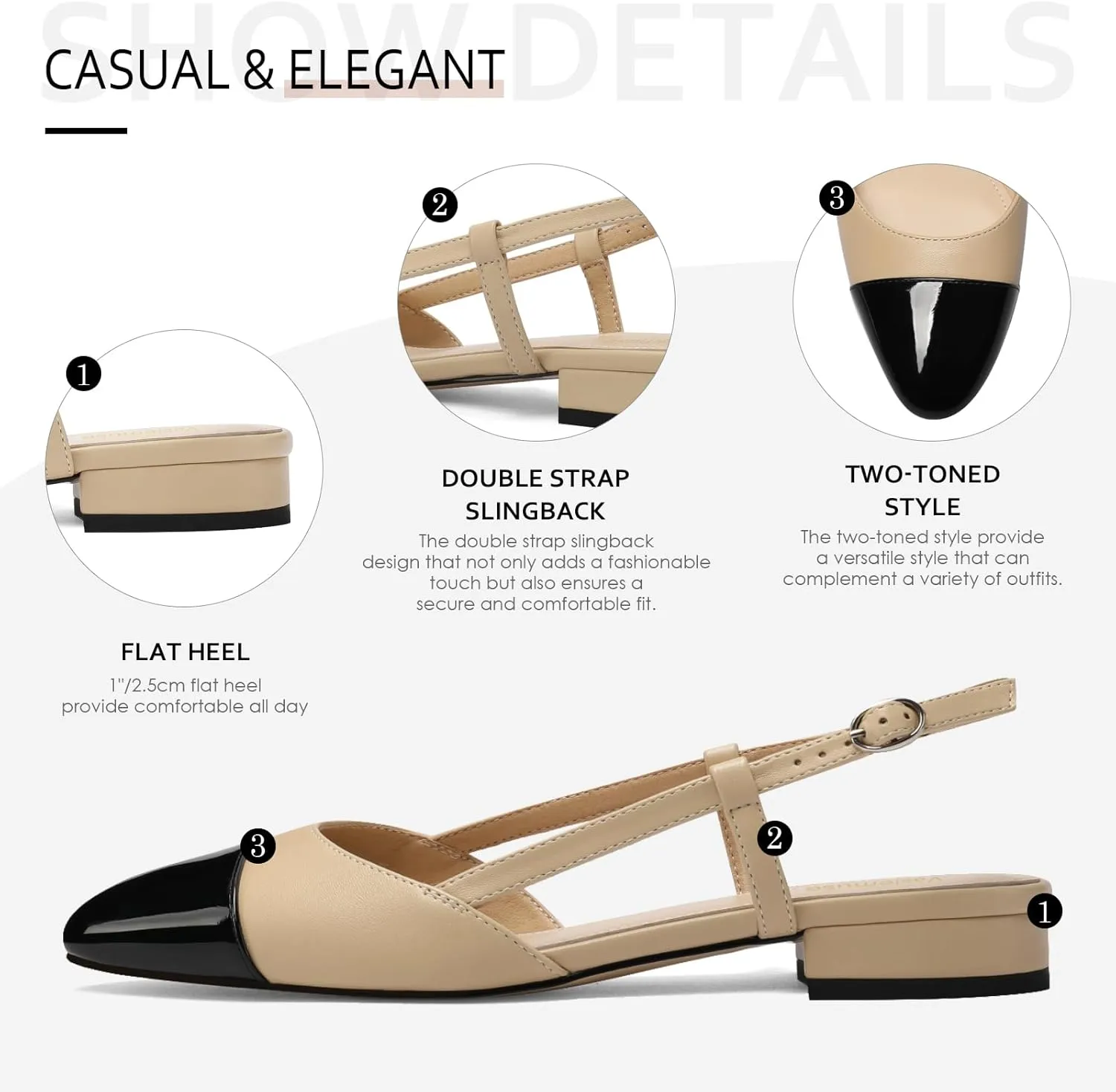 Slingback Flats for Women Two Toned Double Strap Block Low Heel Flats Classic Womens Sandals Comfortable Dressy