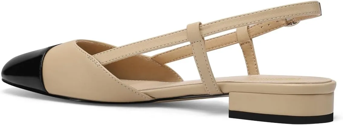 Slingback Flats for Women Two Toned Double Strap Block Low Heel Flats Classic Womens Sandals Comfortable Dressy