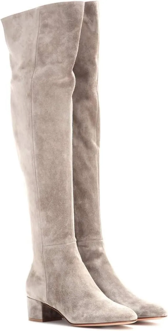 THESHY Women's Suede Over The Knee Boots Round Toe Chunky Heel Thigh High Boot Winter Comfort Wide Calf Tall Bootie Fashion Dress Shoes