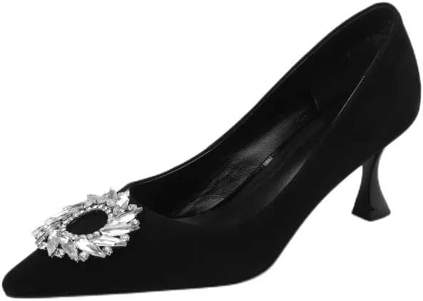 TinaCus Genuine Leather Handmade Genuine Leather Pointy Toe Crystal Dcor Slip On Mid Kitten Heel Pumps Shoes