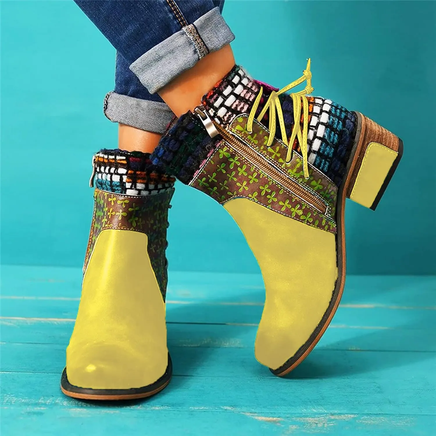 Vintage Ankle Boots for Women Leather Round Toe Back Lace Up Booties Side Zipper Chunky Block Low Heels Boots
