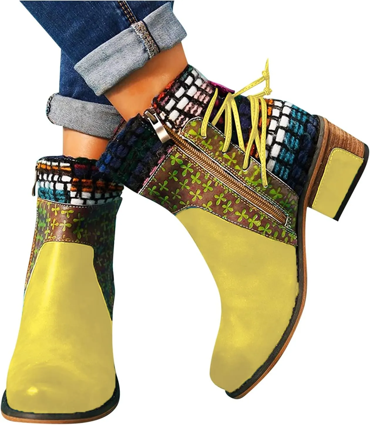 Vintage Ankle Boots for Women Leather Round Toe Back Lace Up Booties Side Zipper Chunky Block Low Heels Boots